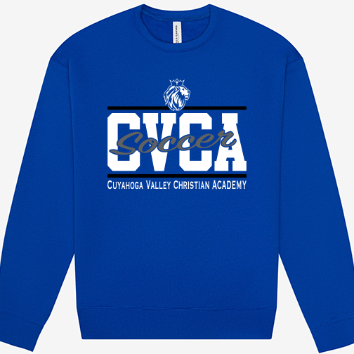 A royal blue crewneck sweatshirt featuring a white and gray graphic on the front with the text 'CVCBA Soccer' and 'Cuyahoga Valley Christian Academy' alongside a lion logo.