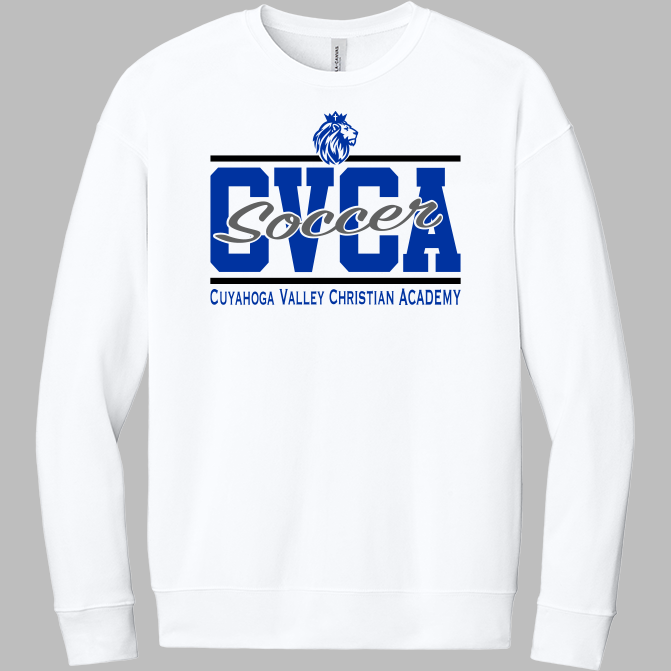 A white crewneck sweatshirt featuring a blue and gray graphic on the chest that reads 'CVCBA Soccer' with 'Cuyahoga Valley Christian Academy' underneath, shown against a neutral gray background.