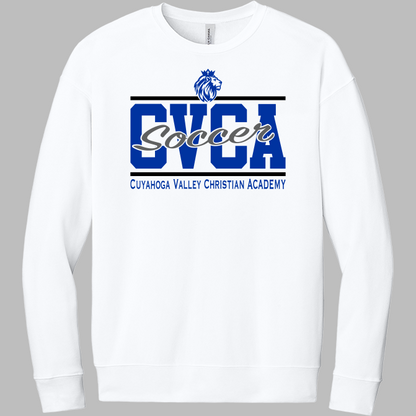 A white crewneck sweatshirt featuring a blue and gray graphic on the chest that reads 'CVCBA Soccer' with 'Cuyahoga Valley Christian Academy' underneath, shown against a neutral gray background.