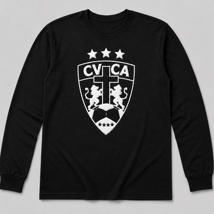 A black long-sleeve t-shirt with a white printed CVCA shield crest featuring lions, a soccer ball, and three stars on the chest, displayed against a neutral gray background.