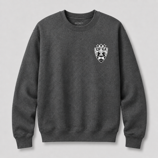 A dark heather gray crewneck sweatshirt with a white and black shield crest on the left chest, featuring the brand name 'DISTRICT' printed inside the collar, shown against a light gray background.
