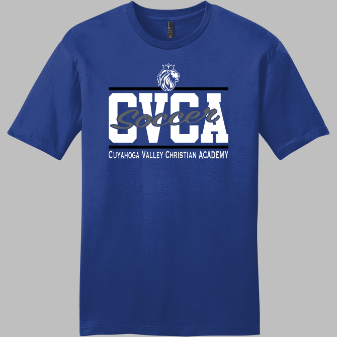 A royal blue short-sleeve t-shirt with a front graphic reading 'CVCBA Soccer' and 'Cuyahoga Valley Christian Academy' in white and gray, shown on a solid gray background.