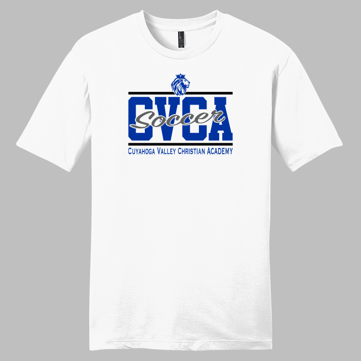 A white short-sleeve crewneck t-shirt with a blue and silver graphic on the chest reading 'CVCA Soccer' and 'Cudahia Valley Christian Academy' with a lion logo, shown on a solid gray background.