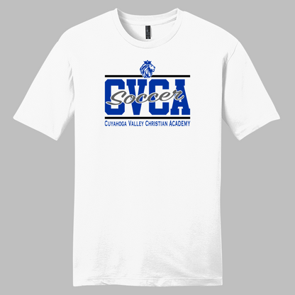 A white short-sleeve crewneck t-shirt with a blue and silver graphic on the chest reading 'CVCA Soccer' and 'Cudahia Valley Christian Academy' with a lion logo, shown on a solid gray background.